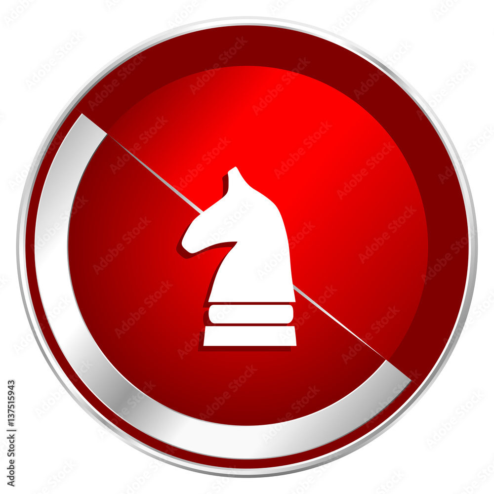 Poster chess horse red web icon. metal shine silver chrome border round button isolated on white background