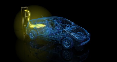 Electric car  charging from large glowing battery. 3d render