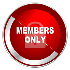 Members only red web icon. Metal shine silver chrome border round button isolated on white background. Circle modern design abstract sign for smartphone applications.