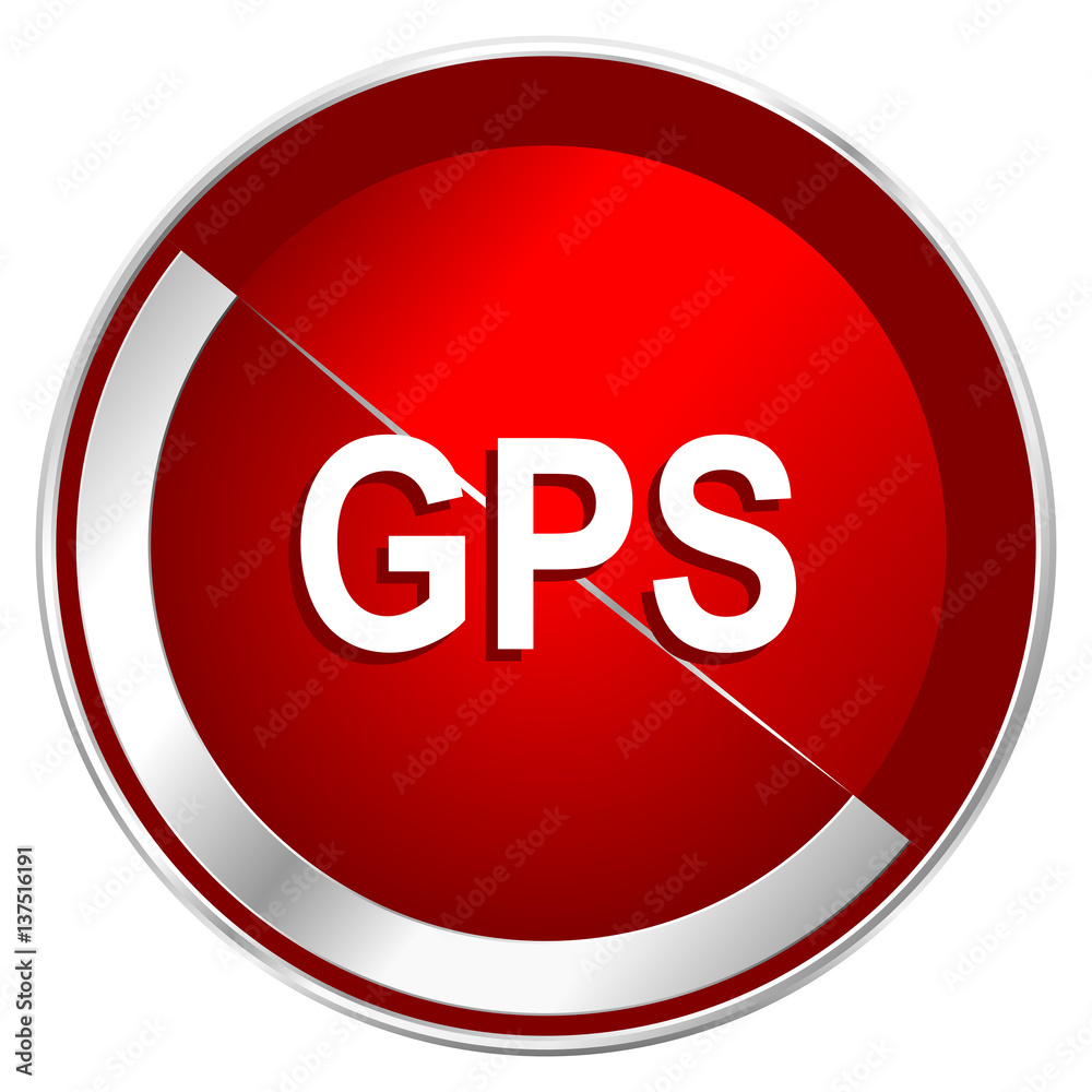 Poster gps red web icon. metal shine silver chrome border round button isolated on white background. circle