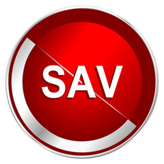 Sav red web icon. Metal shine silver chrome border round button isolated on white background. Circle modern design abstract sign for smartphone applications.