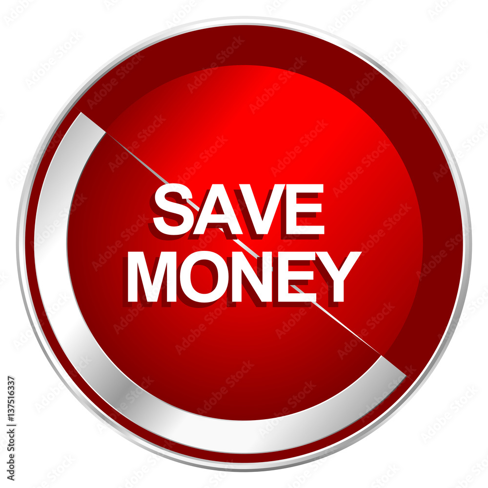 Aufkleber save money red web icon. metal shine silver chrome border round button isolated on white background.