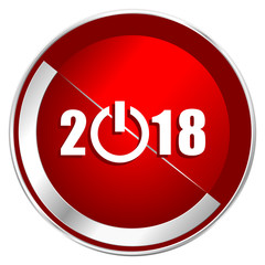 New year 2018 red web icon. Metal shine silver chrome border round button isolated on white background. Circle modern design abstract sign for smartphone applications.