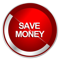 Save money red web icon. Metal shine silver chrome border round button isolated on white background. Circle modern design abstract sign for smartphone applications.