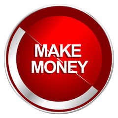 Make money red web icon. Metal shine silver chrome border round button isolated on white background. Circle modern design abstract sign for smartphone applications.