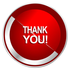 Thank you red web icon. Metal shine silver chrome border round button isolated on white background. Circle modern design abstract sign for smartphone applications.
