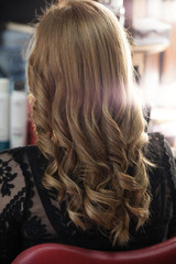 Naklejka premium blonde woman with long hair in hair studio