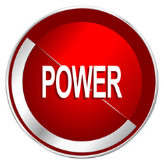 Power red web icon. Metal shine silver chrome border round button isolated on white background. Circle modern design abstract sign for smartphone applications.