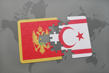 puzzle with the national flag of montenegro and northern cyprus on a world map