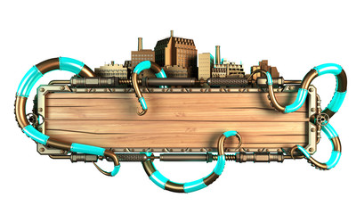 stylized steampunk frame made of wood and metal, with octopus tentacles and cities. 3d illustration