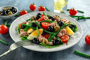 Fresh Tuna Green Bean salad with eggs, tomatoes, beans, olives on white plate. concept healthy food