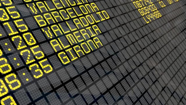4K - Close-up of an airport departure board to Spanish cities destinations, with environment reflection