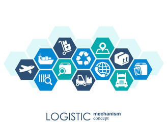 LOGISTIC mechanism concept. distribution, delivery, service, shipping, logistic, transport, market concepts. Abstract background with connected objects. Vector illustration.