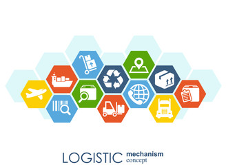 LOGISTIC mechanism concept. distribution, delivery, service, shipping, logistic, transport, market concepts. Abstract background with connected objects. Vector illustration.