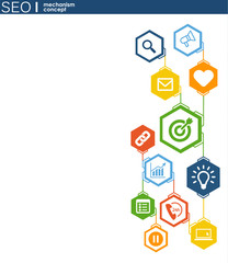 SEO mechanism concept. Abstract background with integrated gears and icons for strategy, digital,...