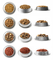 Set of 12 dishes dry pet food in a metal bowl isolated on white background. Top, half and front view.