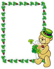Clover frame and cute teddy bear in green hat.  Raster clip art.