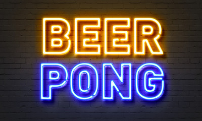 Beer pong neon sign on brick wall background. - obrazy, fototapety, plakaty