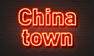 Plakat China town neon sign on brick wall background.