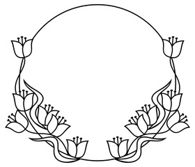 Elegant round frame with contours of flowers. Copy space. 