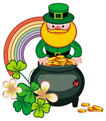 Holiday label with shamrock, rainbow, leprechaun and a pot of gold. Raster clip.