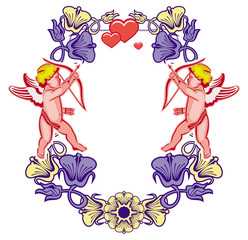 Fototapeta na wymiar Elegant frame with Cupid, decorative flowers and hearts. Raster clip art.