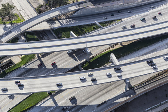 Aerial view of route 5 and 170 freeway ramps in the San Fernando Valley area of Los Angeles.