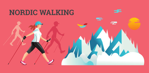Vector illustration banner with Nordic Walking.
