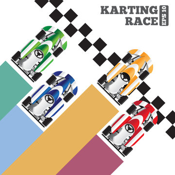Karting at the finish line. View from above. The template for the presentation. Vector illustration.