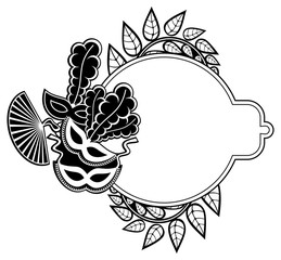 Black and white silhouette frame with carnival masks. Raster clip art.