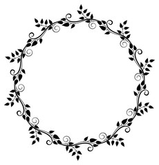 Round black and white frame with abstract decorative flowers. Raster clip art.