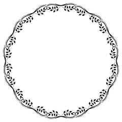 Round black and white frame with abstract decorative flowers. Raster clip art.