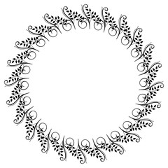 Round black and white frame with abstract decorative flowers. Raster clip art.