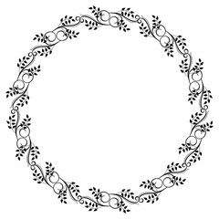 Round black and white frame with abstract decorative flowers. Raster clip art.