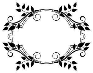 Round black and white frame with abstract decorative flowers. Raster clip art.