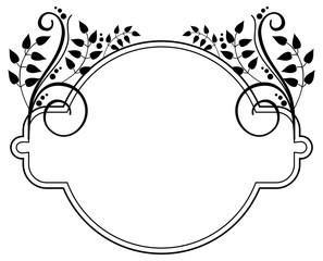 Round black and white frame with abstract decorative flowers. Raster clip art.