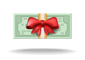 Bundle of dollars bills tied with a red bow