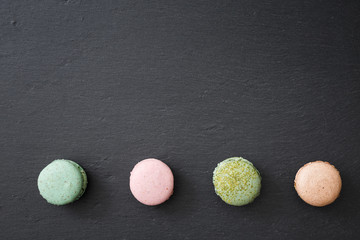 Macarons cake, top view flat lay, handmade pattern on pink background