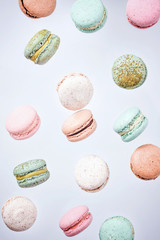 Macarons cake, top view flat lay, handmade pattern on pink background