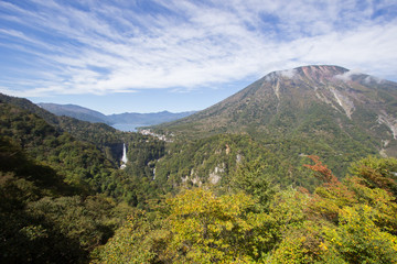 Fototapeta premium Chuzen-ji Lake and Kegon-no-taki Falls seen from Akechi-daira Ropeway viewpoint,Nikko,Tochigi,Japan