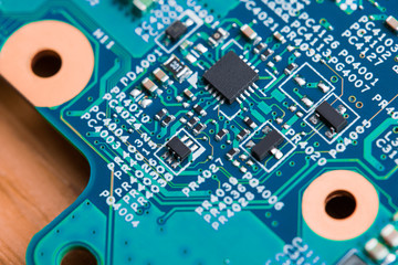 Close up of electronic components on the motherboard, microprocessor chip