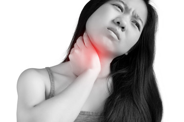 Acute pain and sore throat symptom in a woman isolated on white background. Clipping path on white background.