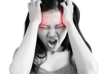 Headache symptom in a woman isolated on white background. Clipping path on white background.