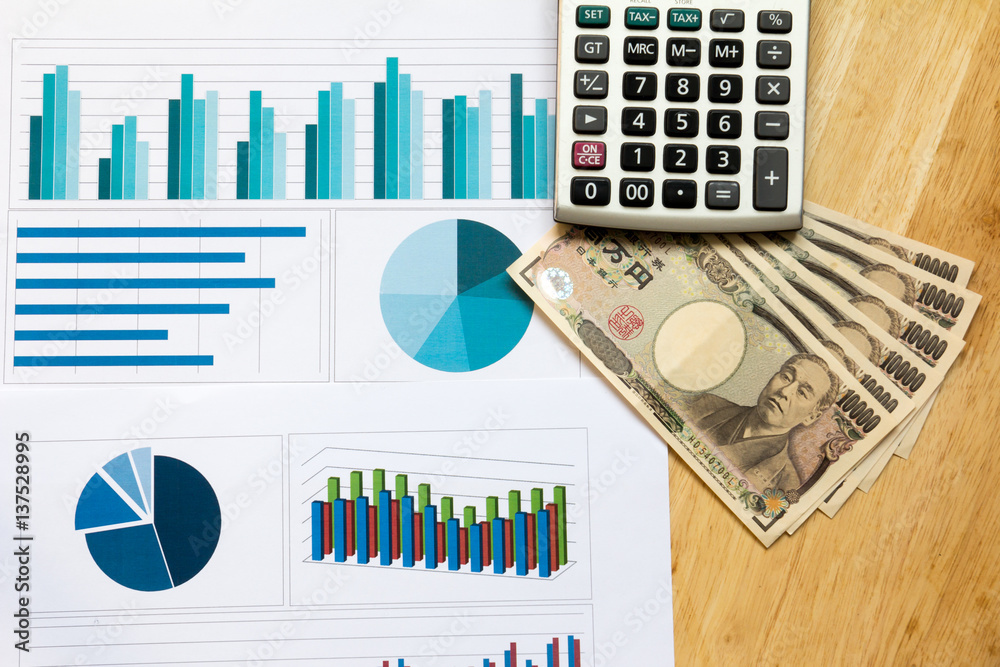 Sticker Financial graph and chart with calculator, japanese banknote background