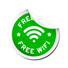 Green free wifi with signal icon sticker with peel off on white background