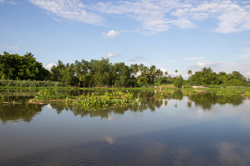 Countryside along Tha Chin river(Maenam Tha Chin),Nakhon Pathom,Thailand Coconut trees along Tha Chin river(Maenam Tha Chin),Nakhon Pathom,Thailand  กลุ่มควันก่อให้เกิดปัญหาก้อนเมฆขี้เมฆทำให้มืดปกคลุม