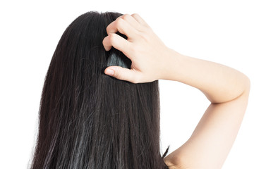 Naklejka premium Scratching her head in a woman isolated on white background. Clipping path on white background.