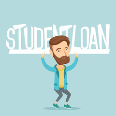 Young man holding sign of student loan.