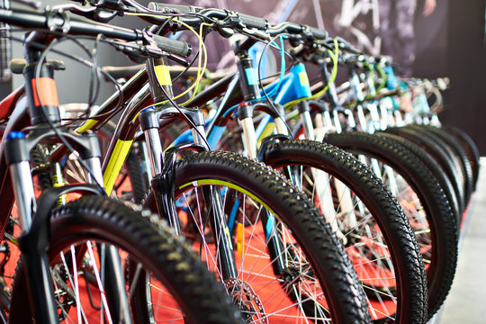Fototapeta Modern mountain bikes in sports shop