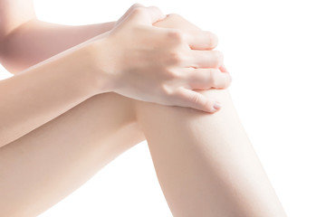 Acute pain in a woman knee isolated on white background. Clipping path on white background.